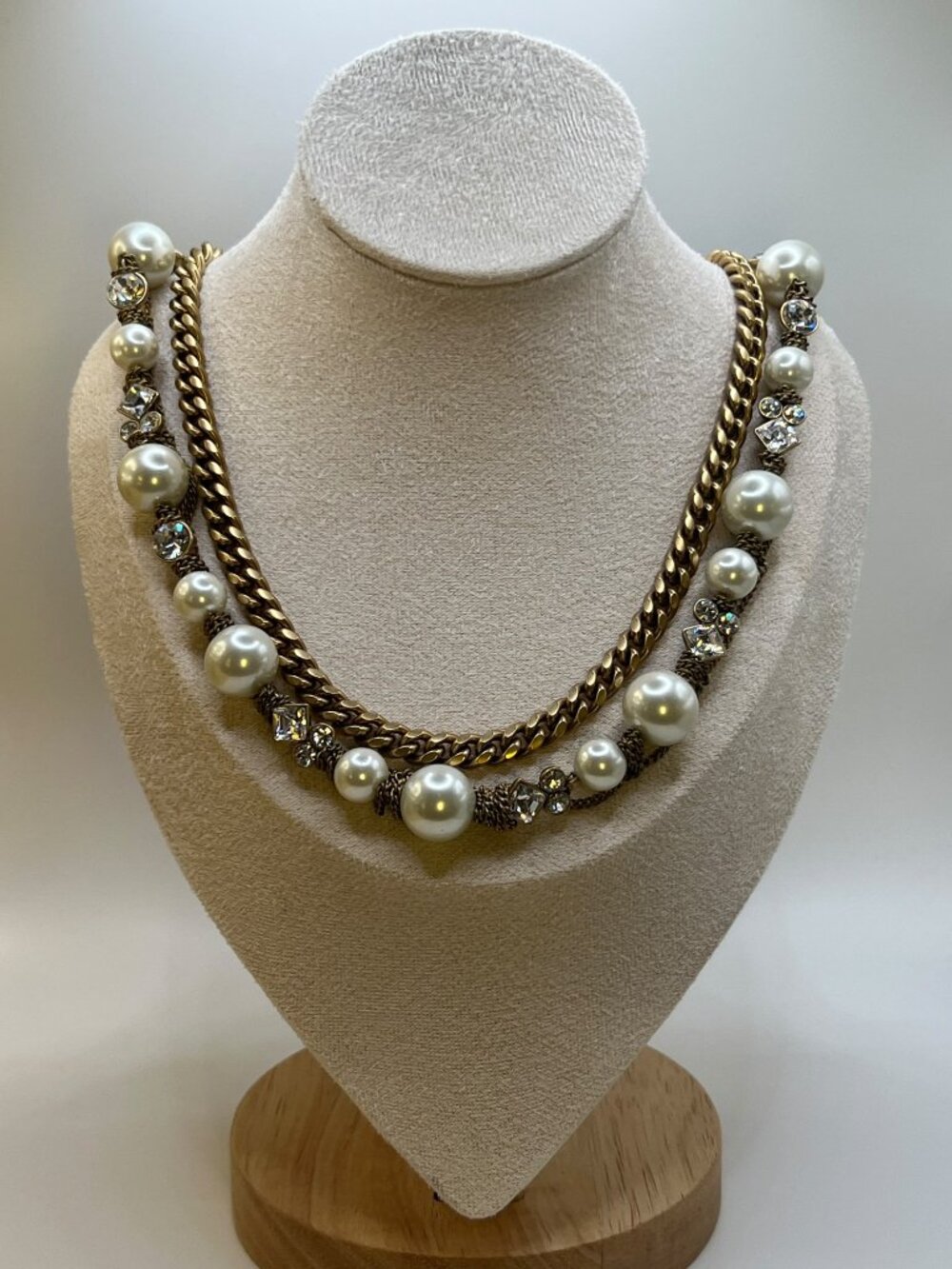 Vintage Signed Givenchy Double-Layer Pearl Crystal Curb-Chain Necklace